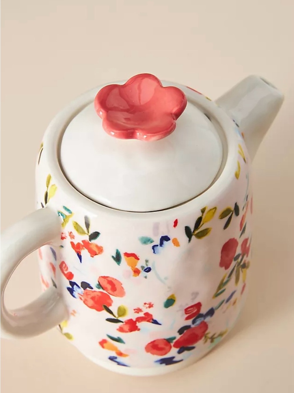 Anthropologie Luna Tea for One Ceramic Teapot with Pink Flower Lid Knob